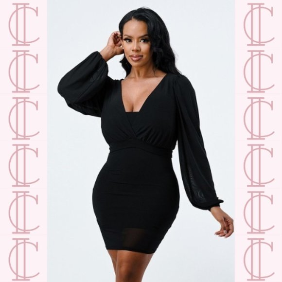 CC Products Dresses & Skirts - Lux Mesh Layered Lining V Neck Bubble Slv Bodycon Dress (Black)